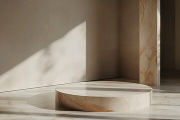 luxurious stone marble round pedestal podium in sunlight, design for premium product display showcase