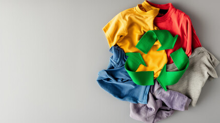 Recycled Textiles Concept with Clothing and Recycle Symbol - obrazy, fototapety, plakaty