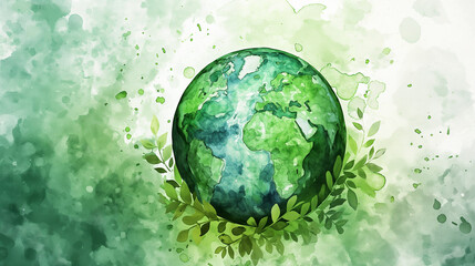 Watercolor Earth embraced by greenery, eco sustainability theme, with copy space. Earth Day card background frame - obrazy, fototapety, plakaty