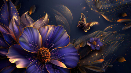 3D Beautiful spring purple gold flower with golden butterflies on decorative dark gradient background as wallpaper illustration, Elegant Purple Gold Flower Butterfly