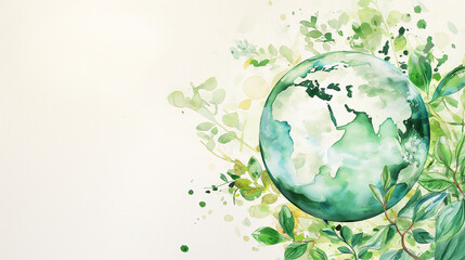 Watercolor Earth embraced by greenery, eco sustainability theme, with copy space. Earth Day card background frame