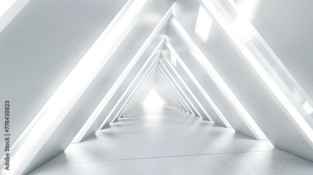 Poster futuristic white corridor with triangular geometry and bright lighting. modern minimalistic design i