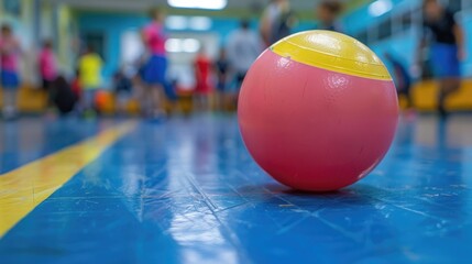 A close view of a soft, colorful dodgeball against the gymnasium floor with players in action blurred in the background, showcasing the fun and teamwork of dodgeball