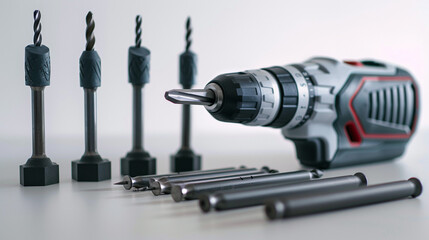A close-up shot of a sleek power drill with bits arranged neatly beside it on a white background. 8K