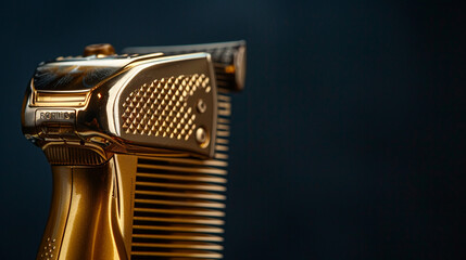 A close-up view of a golden hair clipper set against a dark background, capturing its sleek design and precision craftsmanship,  - obrazy, fototapety, plakaty