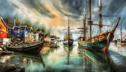 Schiffe im kleinen Hafen - Kunst Gemälde von Generative AI
