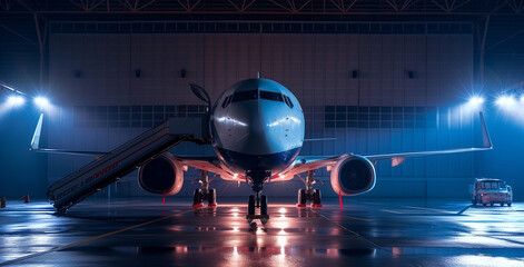 Fototapeta premium Illuminated Airplane in Hangar, Blue Night Lighting, Aircraft Maintenance
