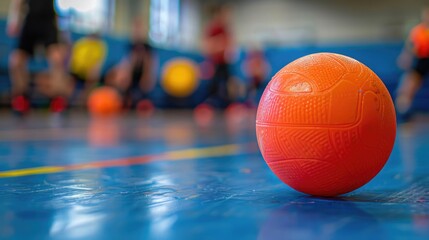 A close view of a soft, colorful dodgeball against the gymnasium floor with players in action blurred in the background, showcasing the fun and teamwork of dodgeball - obrazy, fototapety, plakaty