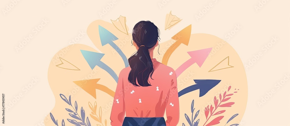 Poster an artist is standing in front of a display of arrows pointing in various directions, showcasing a u