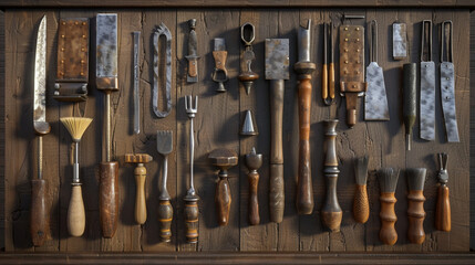 A collection of fine chisels, rasps, and carving tools displayed with exquisite detail against a transparent background. 8K