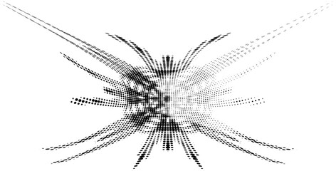Mottled halftone logo with stylized atomic orbits, with a highlighted area for text on the right. Emission of rays from the center. For trademarks, logos, brand. Vector.