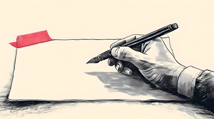 Close-up of Hand Holding Pen Ready to Write on Blank Paper with Red Flag. Monochrome Illustration, Creative Concept. AI