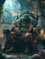 Regal Orc King Enthroned in Ancient Hall
