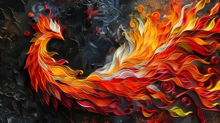 Fiery Phoenix Rising: Quilling Paper Art in Neon Orange and Red. - obrazy, fototapety, plakaty