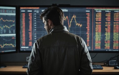 A man stands in front of three computer monitors displaying multimedia content