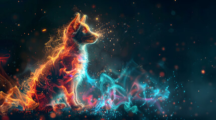 A cute dog made of glowing particles in the style of digital art - obrazy, fototapety, plakaty