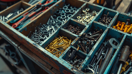 A high-angle shot of a toolbox filled with assorted screws, nails, and bolts, perfectly organized and ready for any DIY project. 8K