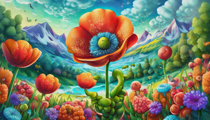 oil painting style CARTOON CHARACTER CUTE red poppy isolated on white background, top view. side front, flower