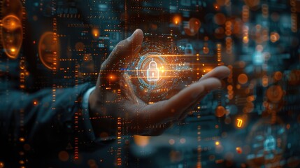A close-up of a businessman's hand holding a holographic luminous padlock emerges, surrounded by digital encryption symbols, emphasizing the concept of securing sensitive information