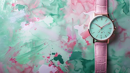 Elegant Watch on Soft Pink and Green Watercolor Background.
