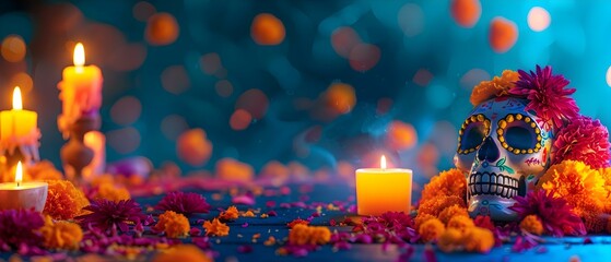 Colorful Dia de los Muertos Altar with Candles & Calavera. Concept Dia de los Muertos Celebration, Altar Decorations, Candle Lighting, Calavera Face Painting, Colorful Traditions