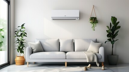 Minimalist living room interior with an air conditioner, sofa, and potted plants