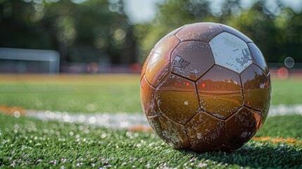 A close-up of a glossy, textured soccer ball with the vibrant green pitch slightly blurred in the background, capturing the essence of motion and energy of a football game - obrazy, fototapety, plakaty