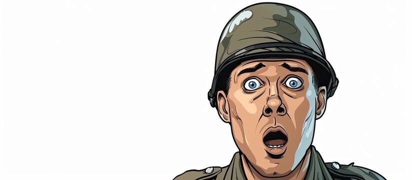 A cartoon soldier wearing a helmet and sports gear looks surprised with a wide open jaw and a gesture of disbelief. The fictional character is depicted with facial hair in this art piece
