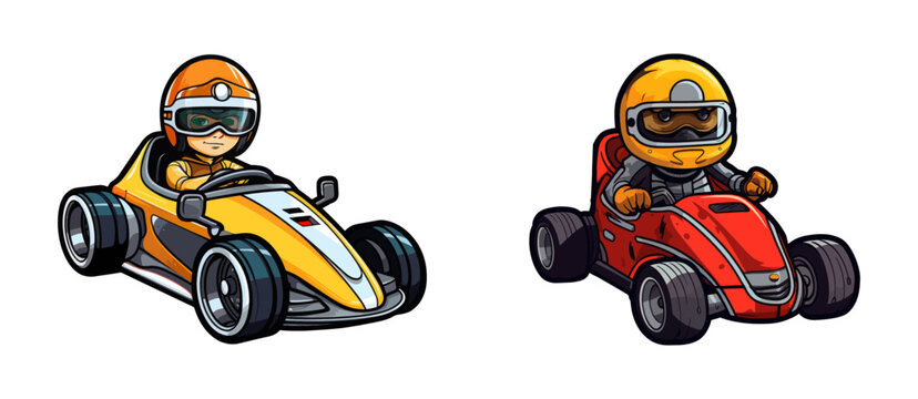 Two children in go karts wearing helmets.