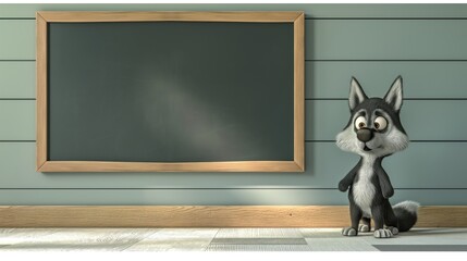 3D Render of Cute Wolf Cartoon Character with Chalkboard Wall