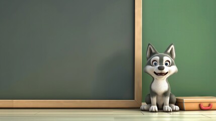 3D Render of Cute Wolf Cartoon Character with Chalkboard Wall