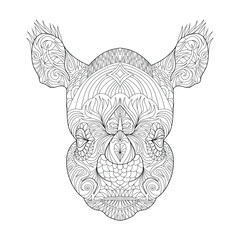 Hippo head line art for children or adult coloring book. Vector graphic, coloring page. Hand-drawn with ethnic floral doodle pattern. Zendala, spiritual relaxation. Zen doodles
