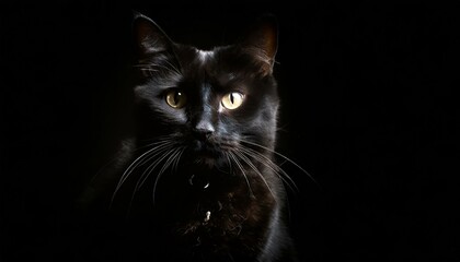 portrait of a black cat, photo studio set up with key light, isolated with black background and copy space - generative ai