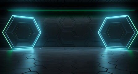 Empty display background with a romantic and floral touch, concert event stage with green spotlights shine on floor 
