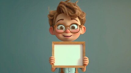 3D Render of Cute Little Boy Holding Blank Picture Frame
