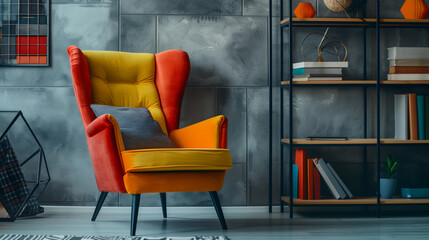 Contemporary Reading Space with Colorful Armchair. Brightly colored armchair in a chic modern interior with a bookshelf.