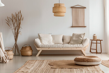 Natural Light in Minimalist Scandi Decor. A minimalist Scandi-style interior bathed in natural light, featuring a daybed with neutral pillows, wicker accents, and a calming palette that evokes serenit - obrazy, fototapety, plakaty