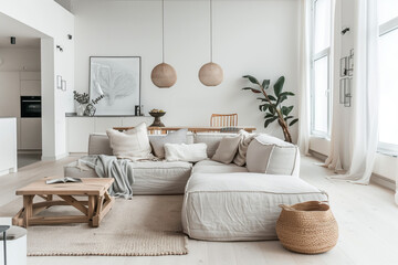 Scandinavian Living Room with Natural Light. Spacious and airy Scandinavian living room design with neutral tones, abundant natural light, and a touch of greenery.