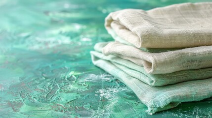 Soft-textured linen napkins on a pastel green watercolor background - obrazy, fototapety, plakaty