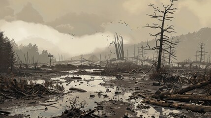 Desolation Aftermath: A Illustrated Landscape Ravaged by a Mudslide