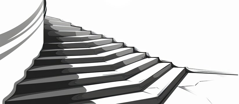 A monochromatic illustration of a set of stairs made of wood, resembling a musical keyboard. It depicts a blend of music and architecture in a digital pianolike style