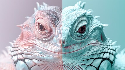 Naklejka premium Split Animal Illustration: Lavender Fur and Mint Green Scale Texture.