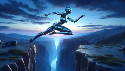 Robot leaping across a canyon during sunset.