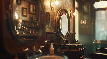 A vintage-inspired barber's mirror reflecting the intricate details of a traditional barbershop interior, bathed in warm light. 8K - Powered by Adobe
