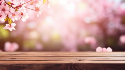 Empty Wooden Table in Pink Cherry Blossoms background