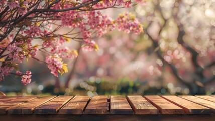 Naklejka na ściany i meble Empty Wooden Table in Pink Cherry Blossoms background