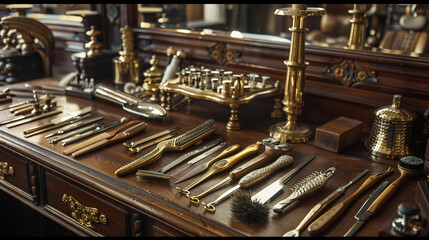 Exquisite gold-toned barber tools arranged artfully on a rich, mahogany barbershop counter. 32K. - obrazy, fototapety, plakaty