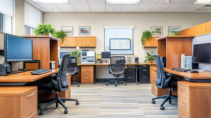 Modern Office Workspace with Computers and Ergonomic Chairs