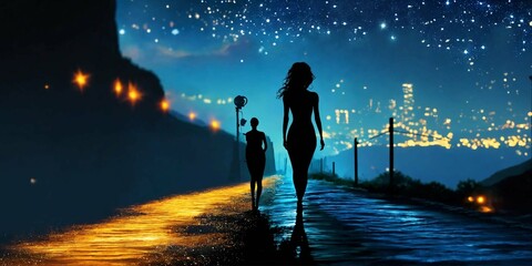 A beautiful female silhouette walks along the Starry Path