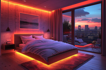 A cozy bedroom with AI-integrated ambient lighting that changes hues to match your mood or...